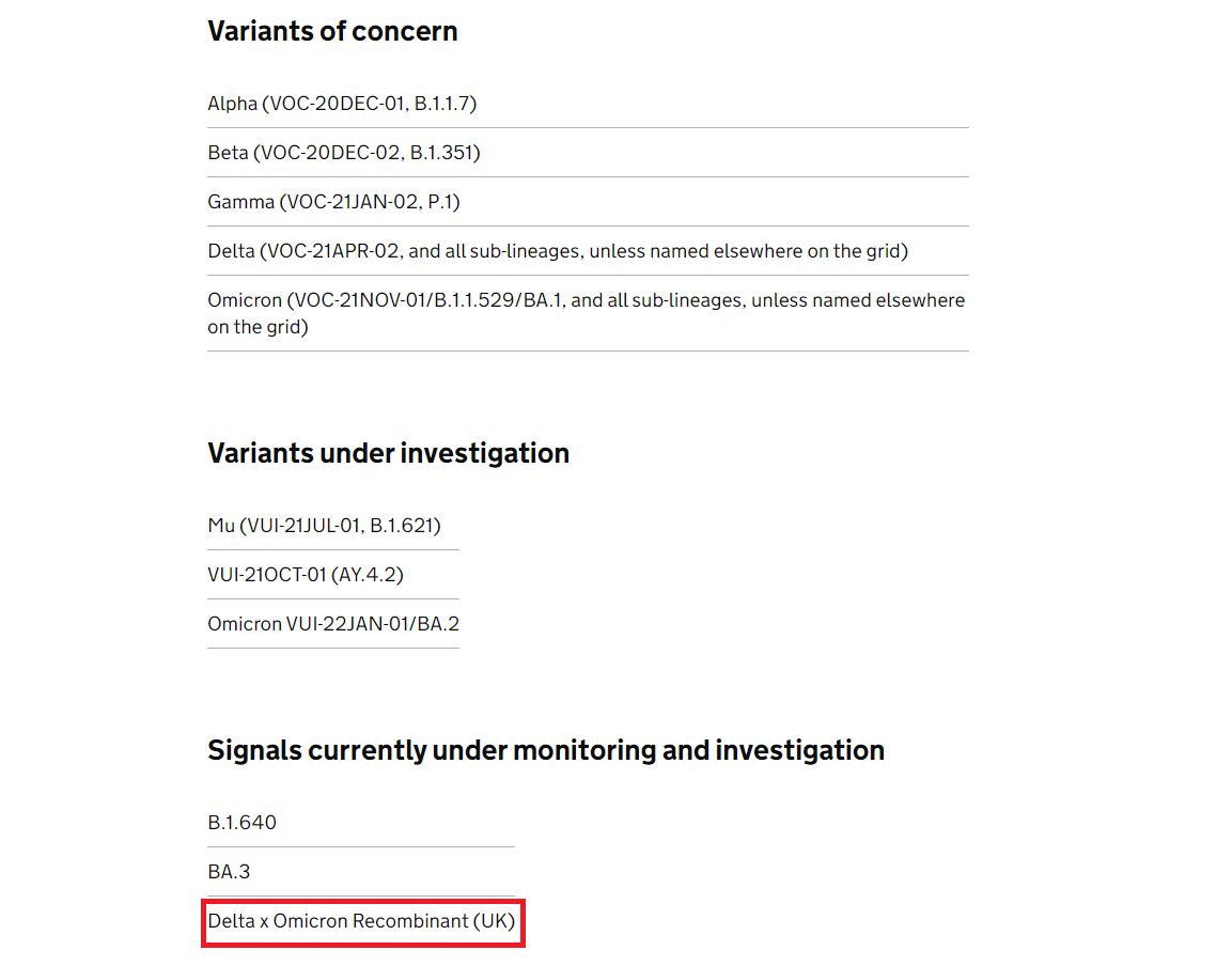 ▲▼英國衛生安全局（UKHSA）目前已用「Delta與Omicron重組」（Delta x Omicron Recombinant）來標註新病毒。（圖／翻攝自GOV.UK）