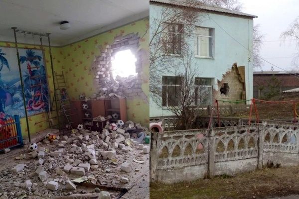 ▲▼烏克蘭政府軍指控親俄武裝分子17日向盧甘斯克（Luhansk）區的村莊開火，打中了一家幼稚園。（圖／翻攝自推特）