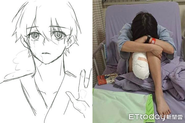▲遭截肢的女孩在病床上PO出一張「畫不出笑容」的插畫，吸引7千多人關注。（圖／記者黃孟珍攝）
