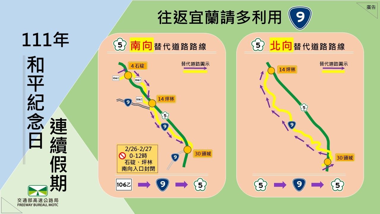 ▲228連續假期國道長短程替代道路。（圖／高公局提供）