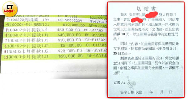 吳世明的同居人江女拿出切結書，要求阿美姊支付吳男、江女的負債，以及無條件資助劇團營運。（圖／讀者提供）
