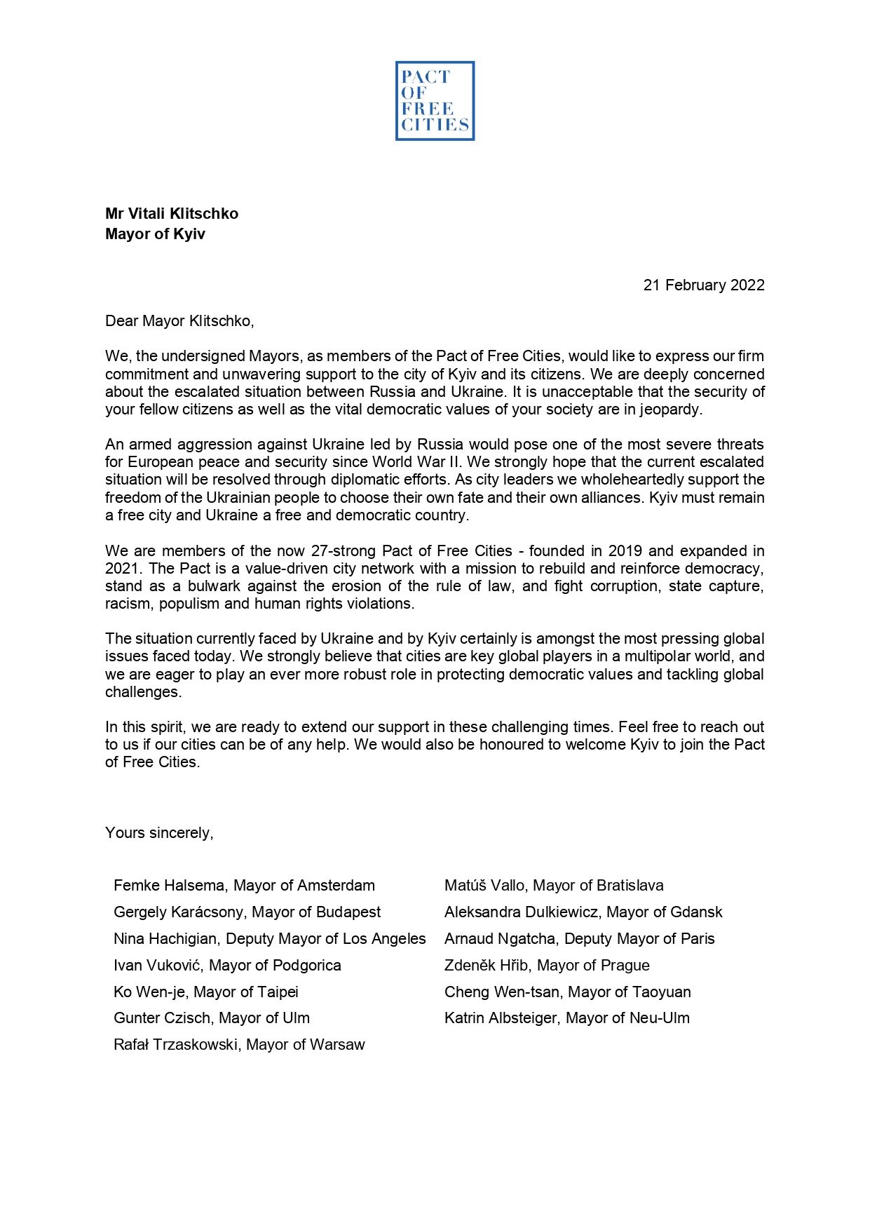 ▲▼台北市長柯文哲與多位民主陣營市長，聯署寫信給烏克蘭首都基輔市長表示支持。（圖／台北市長柯文哲）