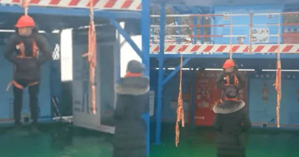 男子被妻子吊起來訓話。（圖／翻攝自微博／西部決策）