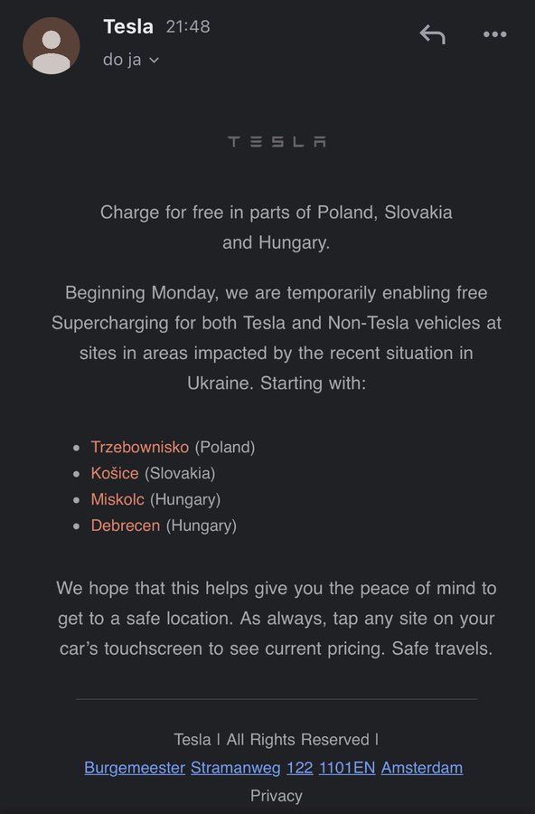 ▲馬斯克再挺烏克蘭！特斯拉霸氣宣布：所有品牌電動車都可免費充電。（圖／翻攝自特斯拉）
