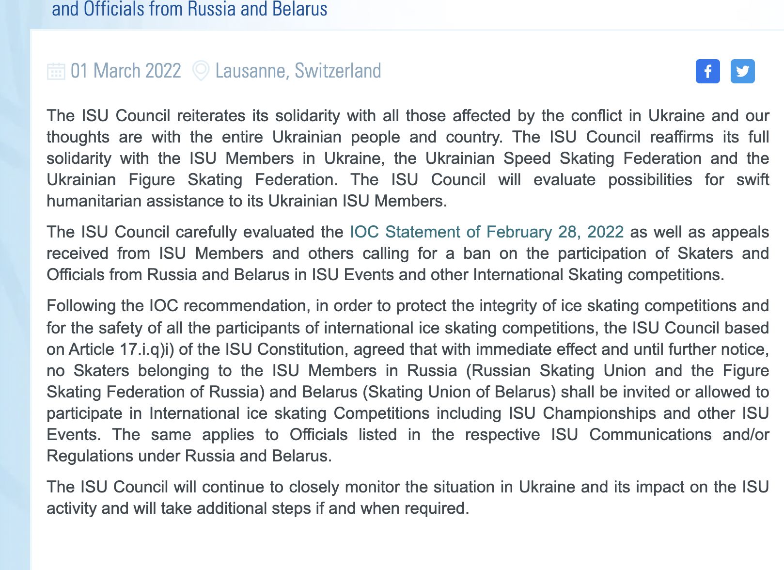 ▲▼ 國際滑冰總會(ISU)發聲明力挺烏克蘭。            。（圖／取自ISU官網）