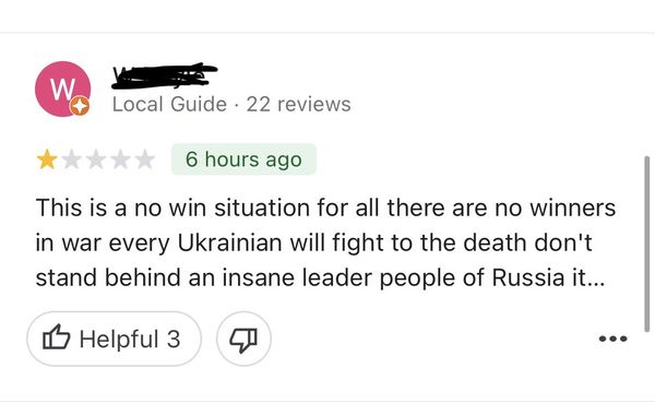 ▲▼網路世界也發起支持烏克蘭的運動，許多人在Google地圖上的俄羅斯餐廳底下新增評論，呼籲停止戰爭。（圖／翻攝自推特）