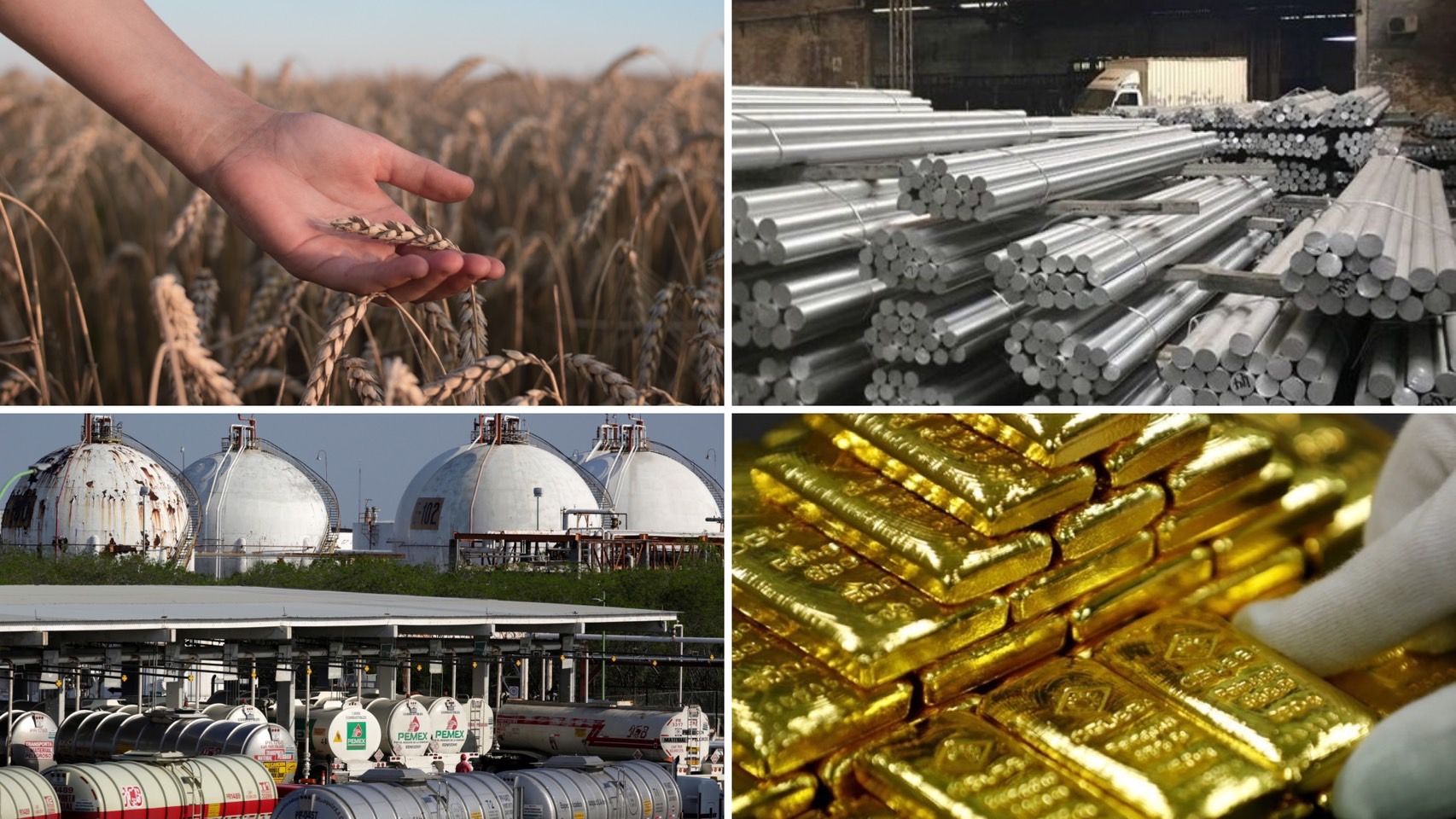 ▲油、金、小麥、鋁等大宗原物料價格飆漲。（圖／取自免費圖庫Pixabay、環球網、路透）