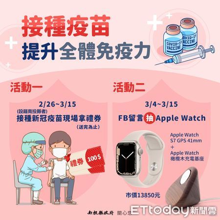 ▲南投縣推出百元禮券和Apple Watch活動催打第3劑新冠疫苗。（圖／南投縣政府提供）