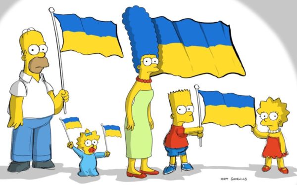 《辛普森家庭》在官方推特，發表了辛普森一家手拿烏克蘭國旗，網友響應瘋傳。（翻攝自推特）