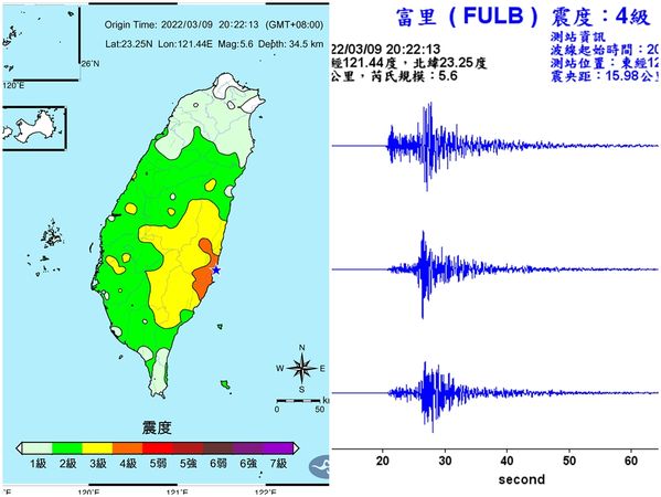 ▲▼花東強震。（圖／中央氣象局）