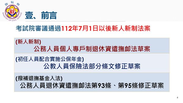 ▲▼112年7月起新任公務人員採用退撫新制，建立個人退休專戶。（圖／行政院提供）