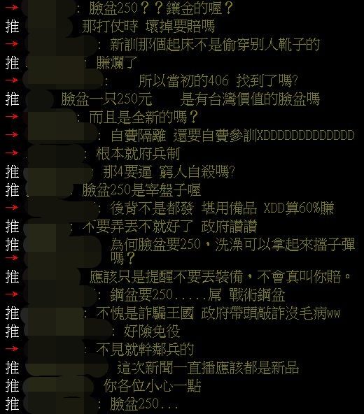 網友認為國軍臉盆一個250元太誇張。（圖／翻攝自PTT）