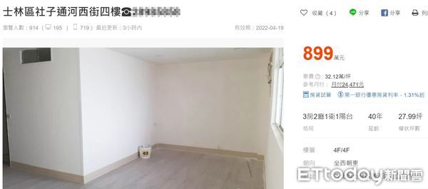 ▲▼根據網路賣屋平台資訊，同樣位於台北市士林區通河西路二段的住家，開價899萬求售。（圖／翻攝自591）