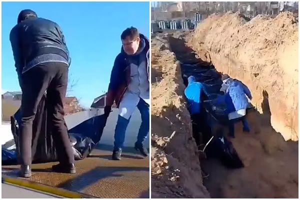 ▲布查（Bucha）民眾把死亡百姓遺體拋入壕溝。（圖／翻攝臉書Андрій Левківський -офіційна сторінка）