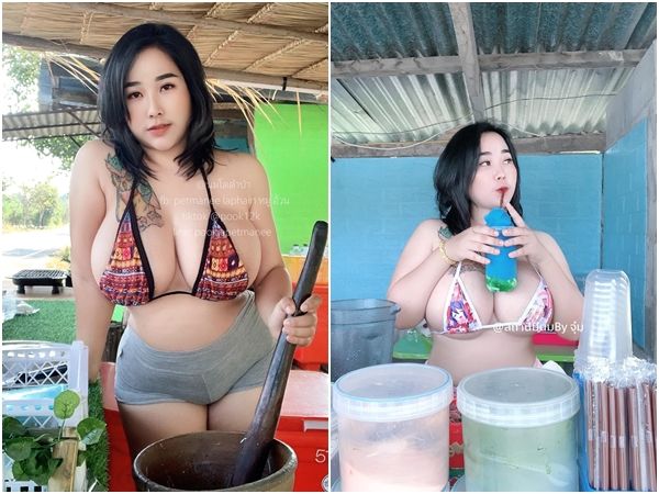 ▲▼泰國巨乳妹賣木瓜，生意興隆，日賺一萬泰銖。（圖／翻攝自Facebook／นมโต ตำป่า）