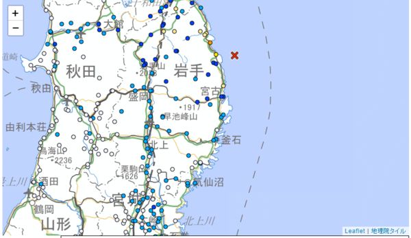 ▲▼岩手縣外海發生規模5.5地震。（圖／翻攝自日本氣象廳）