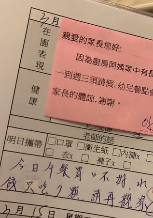 網友分享幼稚園女兒在校中午吃7顆水餃，被老師提醒「今天胃口不佳，家長請再觀察」。（翻攝爆廢公社）