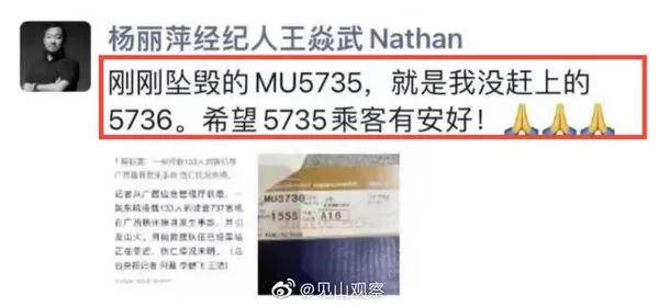 ▲▼東方航空MU5735墜機事件正展開大規模救援，知名經紀人王焱武曬機票「我沒趕上的」引發議論。（圖／翻攝自微博）