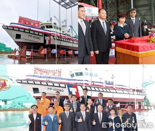 ▲上圖左為新造救難艇，上圖右為擲瓶儀式上左起海巡署艦隊分署廖德成分署長、北部分署分署長扶大桂、擲瓶人陳美鳳女士、台船公司副總經理周志明。下圖為貴賓大合照（圖／台船提供）