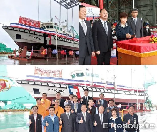 ▲上圖左為新造救難艇，上圖右為擲瓶儀式上左起海巡署艦隊分署廖德成分署長、北部分署分署長扶大桂、擲瓶人陳美鳳女士、台船公司副總經理周志明。下圖為貴賓大合照（圖／台船提供）