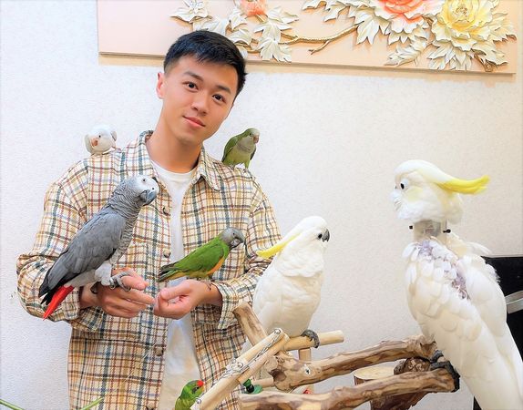 ▲游書庭拜訪台灣鳥類救援協會，見到自啄羽毛(右)、鳥嘴遭削除(左手腕)被救援鸚鵡。（圖／艾迪昇傳播提供）