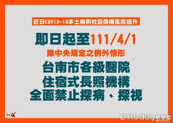 ▲台南市衛生局24日宣布醫院及住宿式長照機構，除中央規定之例外情形，禁止探病、探視，將再延長至4月1日。（圖／記者林悅翻攝）