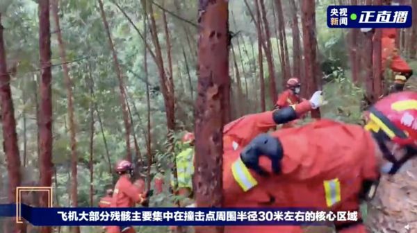 ▲搜救人員在東航事故現場呈一字型展開地毯式搜索。（圖／翻攝央視）