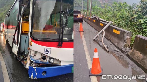 ▲瑞芳台2線公車撞斷路燈 車頭凹陷擋風玻璃碎裂。（圖／記者郭世賢翻攝）