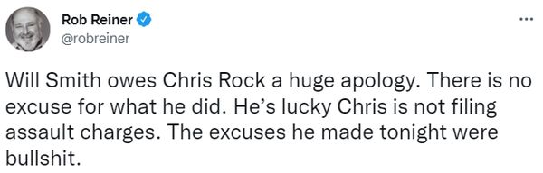 ▲羅伯雷納（Rob Reiner）批評威爾史密斯。（圖／翻攝自推特／Rob Reiner）