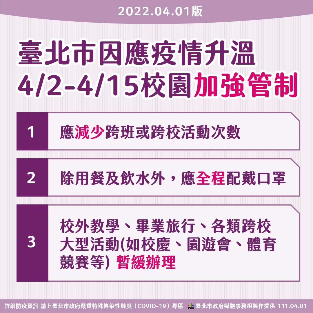 ▲▼台北市宣布校園加強管制措施，畢業旅行校外教學都先暫停。（圖／台北市政府提供）