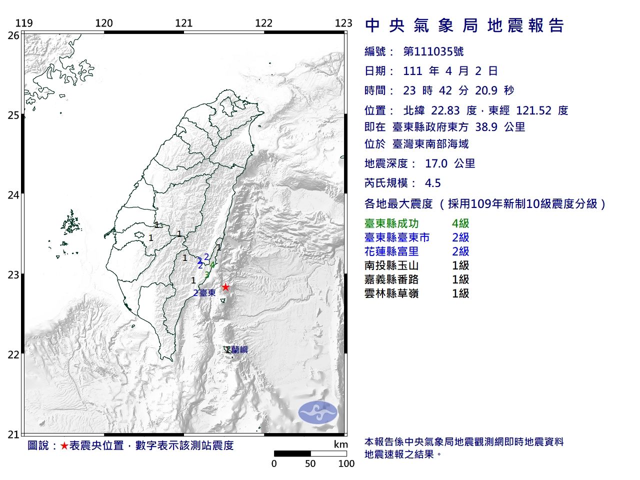 ▲▼地震報告:4/2-23:42規模4.5臺灣東南部海域深17km，東4花2投1嘉1雲1。（圖／氣象局）