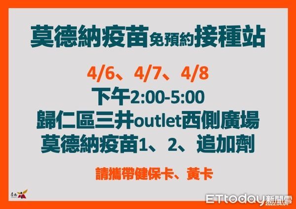 ▲4月6日至8日每日下午2時至5時，台南市將於歸仁區MITSUI OUTLET PARK 台南三井outlet開設莫德納疫苗接種站，提供免預約接種服務。（圖／記者林悅翻攝）