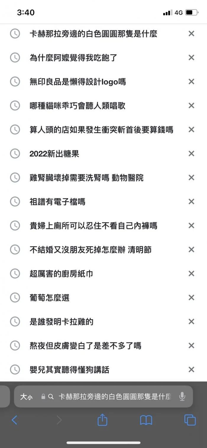 妹妹的搜尋紀錄包括「雞腎臟壞掉需要洗腎嗎」「貴婦上廁所可以忍住不看自己內褲嗎」等。（翻攝自Dcard）