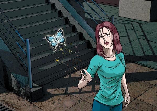 死者的女性友人到地檢署作證結束後，一隻蝴蝶一路跟著她返家。