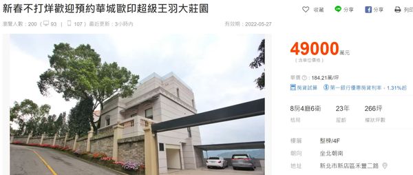 ▲▼影星王羽過去位於新店華城上的千坪豪宅，開價4.9億於網路上求售。（圖／翻攝自591房屋交易網）