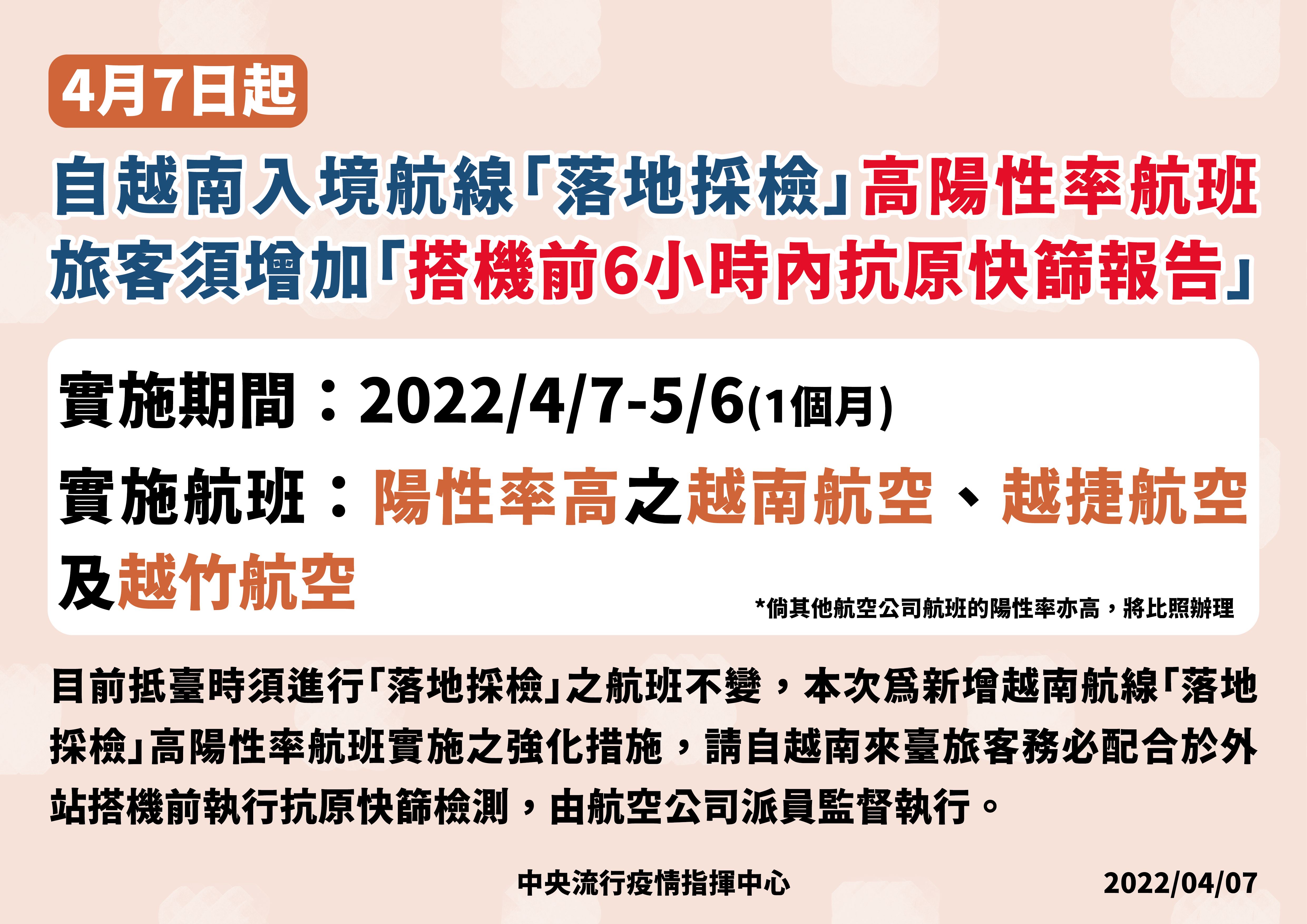 ▲▼4/7越南國籍航空來台採檢規定。（圖／指揮中心提供）