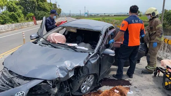 ▲台南柳營區南81線12K處，9日中午傳出1起自小客車車禍，有人受困車內，台南市消防局馬上出動消防人員救出1名何姓駕駛人送醫搶救。（圖／民眾提供，下同）