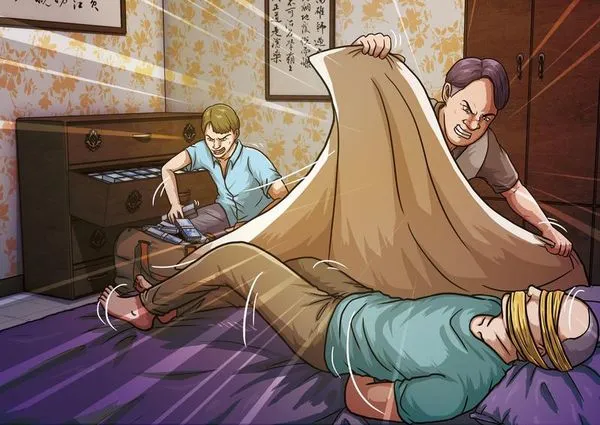 2名歹徒用膠帶綑綁老榮民的手腳、口鼻，還用棉被蓋頭，搜刮屋內財物。（示意畫面）