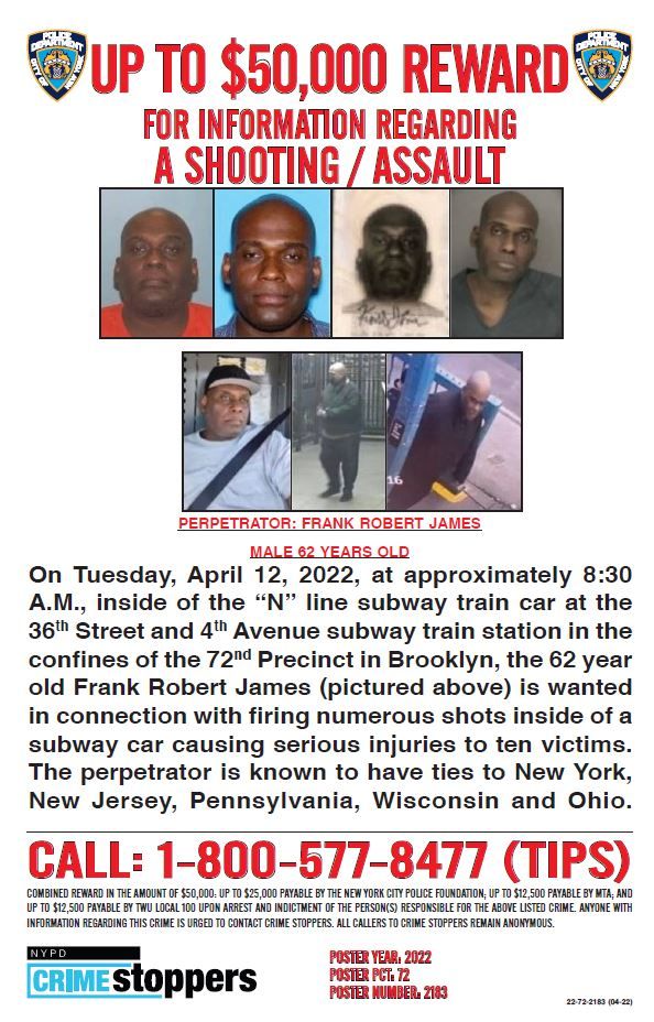 ▲▼紐約地鐵槍擊案62歲黑人男性嫌犯詹姆斯（Frank James）通緝單。（圖／翻攝自推特／紐約警局NYPD）