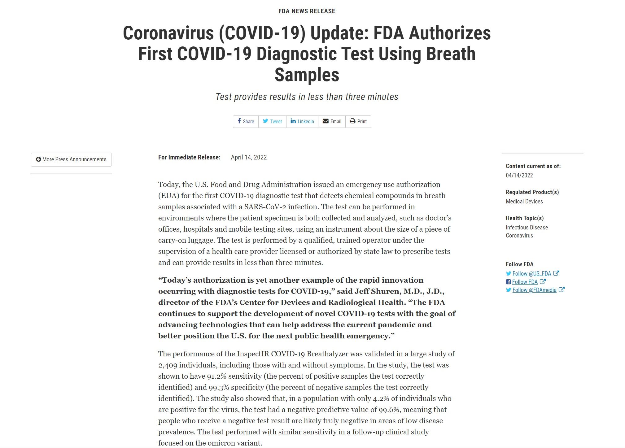 ▲▼美國FDA14日發布緊急使用授權，首次批准相關單位使用呼吸樣本進行新冠檢測。（圖／翻攝自FDA官網）