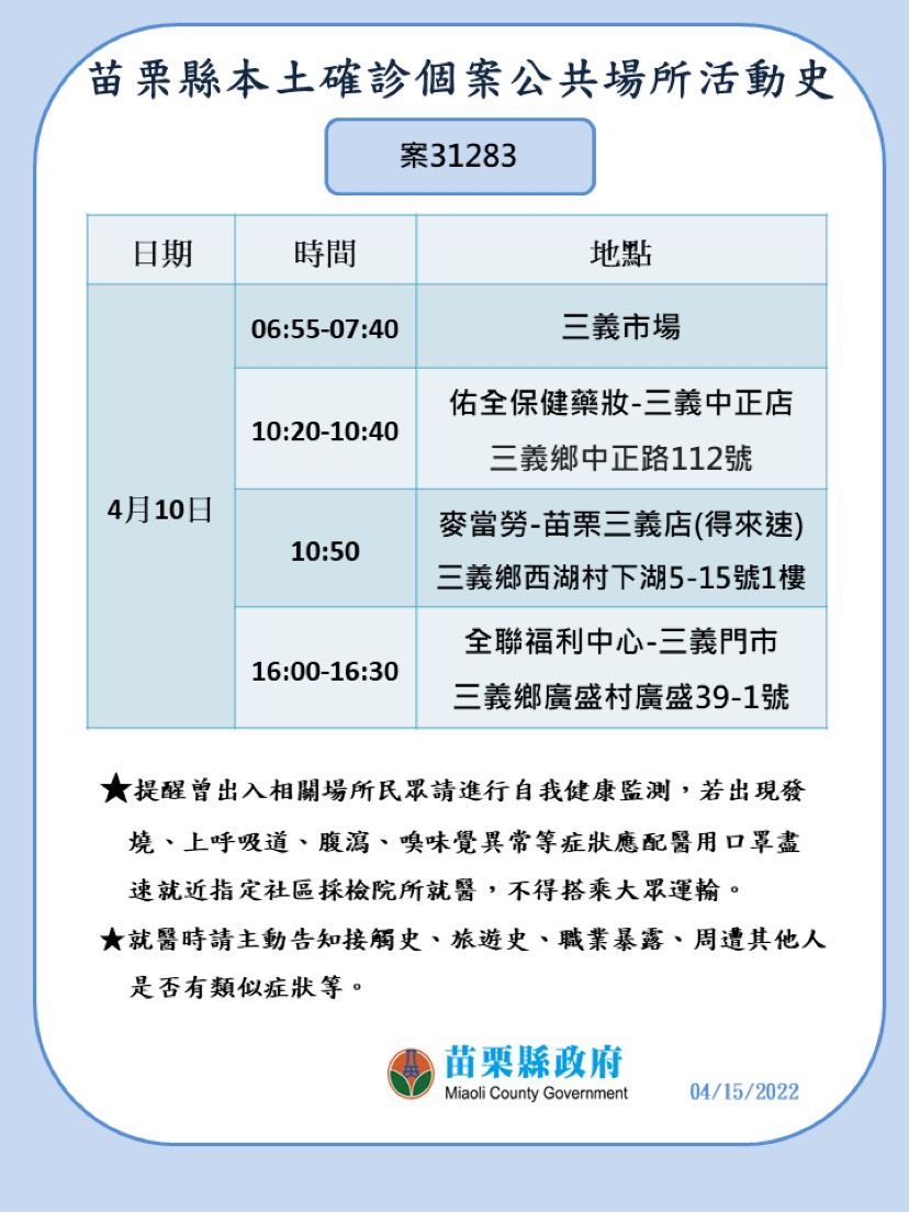 ▲苗栗縣衛生局公布足跡疫調。（圖／記者黃孟珍翻攝，下同）