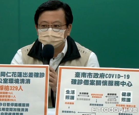 ▲台南市長黃偉哲公布15日新增21名確診個案，疫情再創紀錄，台南市衛生局也淪陷，全數員工已全數採檢完成，匡列採檢329人，並擴大疫調。（圖／記者林悅翻攝，下同）