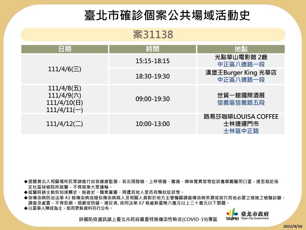 ▲▼北市府16日公布最新確診足跡。（圖／北市府提供）