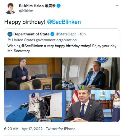 ▲▼蕭美琴透過推特祝賀布林肯生日快樂。（圖／蕭美琴推特）