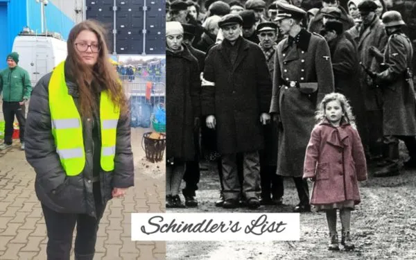 奧利維亞飾演《辛德勒的名單》紅衣小女孩，如今在俄、烏戰場前線從事人道救援工作。（翻攝自奧利維亞IG、電影日曆）