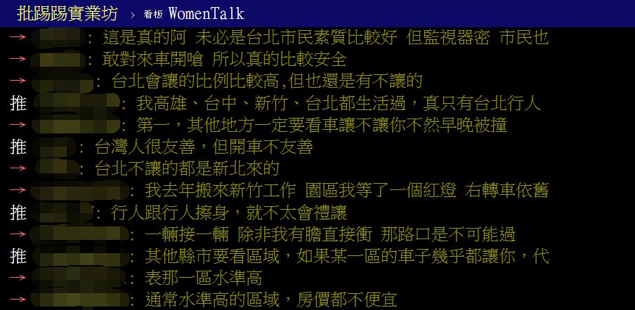 ▲▼不少網友都同意台北的駕駛比較願意禮讓行人。（圖／翻攝自PTT）