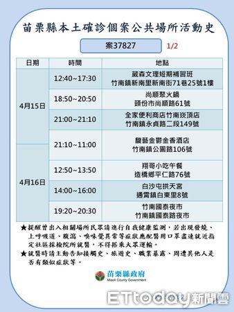 ▲苗栗縣政府公布疫調足跡。（圖／記者黃孟珍翻攝）