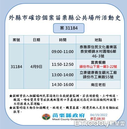 ▲苗栗縣政府公布疫調足跡。（圖／記者黃孟珍翻攝）