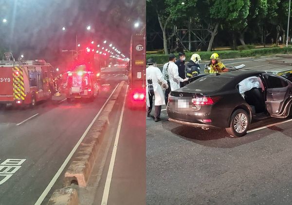 ▲▼恐怖！自小客追撞拖板車 車頭插進後車斗駕駛腳受傷。（圖／翻攝自記者爆料網）