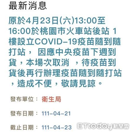 ▲桃市府衛生局官網今天公布「23日下午13點至16點原本將在桃園市火車站後站1樓設立疫苗隨到隨打站， 因應中央疫苗下周到貨，場次取消」訊息，衛生局也證實。（圖／記者沈繼昌翻攝）